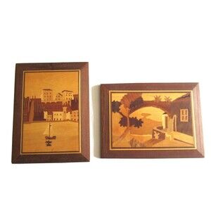 2x Marquetry Italy Hand Inlaid Wood ~9"x6.75" Wall Plaque Sail Boat Town House